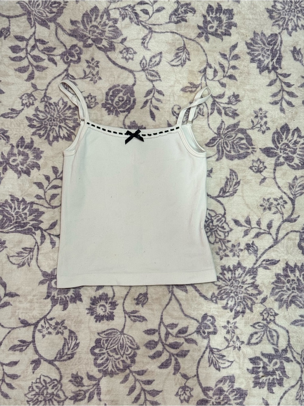 White Ribbed Spaghetti Strap Tank with Black Bow Detail